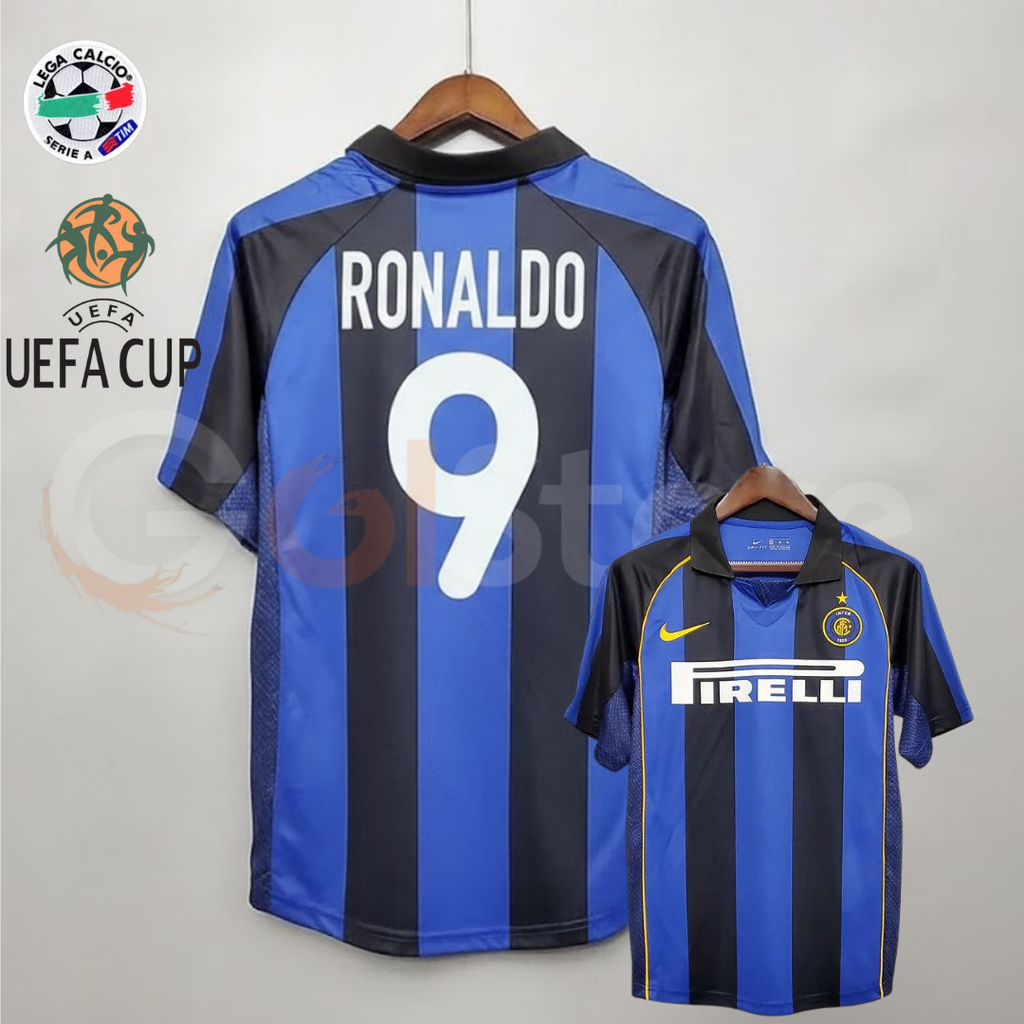 Inter Milan 2001-2002 Retro Home Short Sleeve Jersey #9 Ronaldo Personalized Serie A UEFA Cup Patch Rare