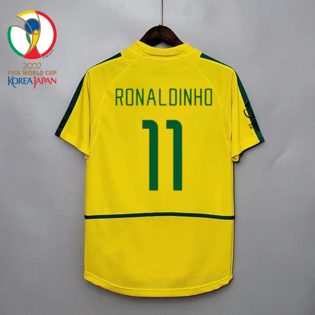 Brazil 2002 World Cup Retro Home Short Sleeve Jersey #11 Ronaldinho WC Patch Personalized Rare