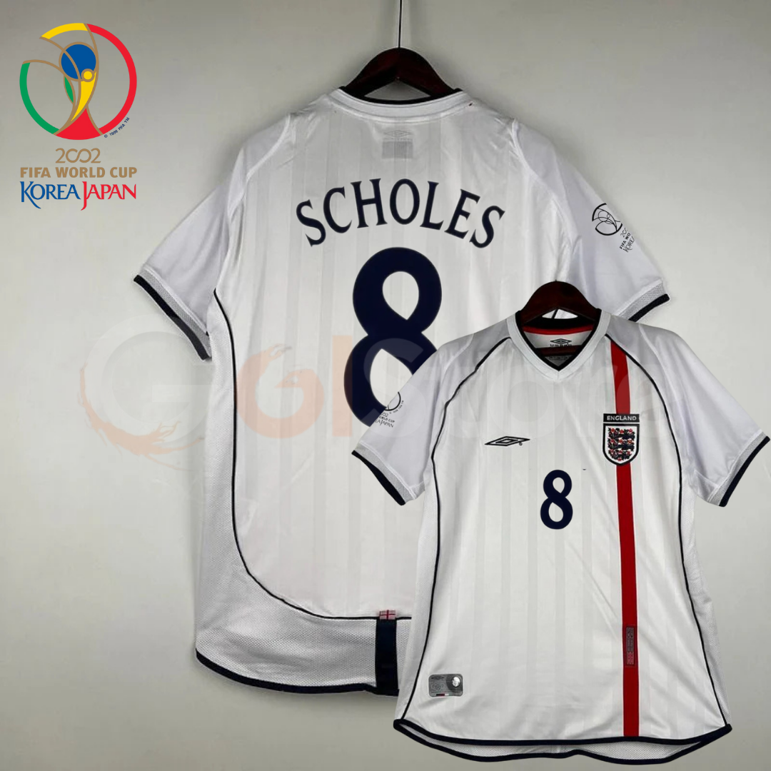 England 2002 World Cup Retro Home Short Sleeve Jersey #8 Scholes WC Patch Personalized Rare