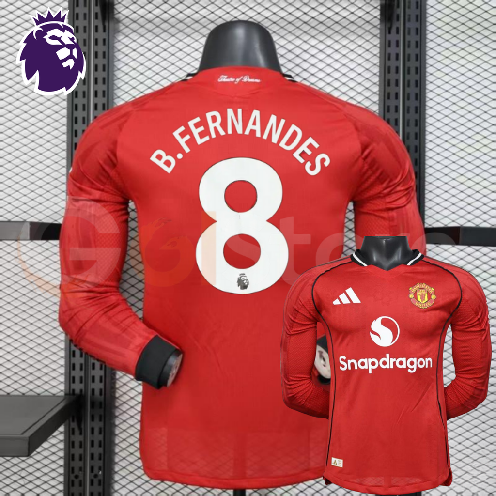 Manchester United 2025-2026 Home Long Sleeve Jersey #8 Bruno Fernandes Personalized PL
