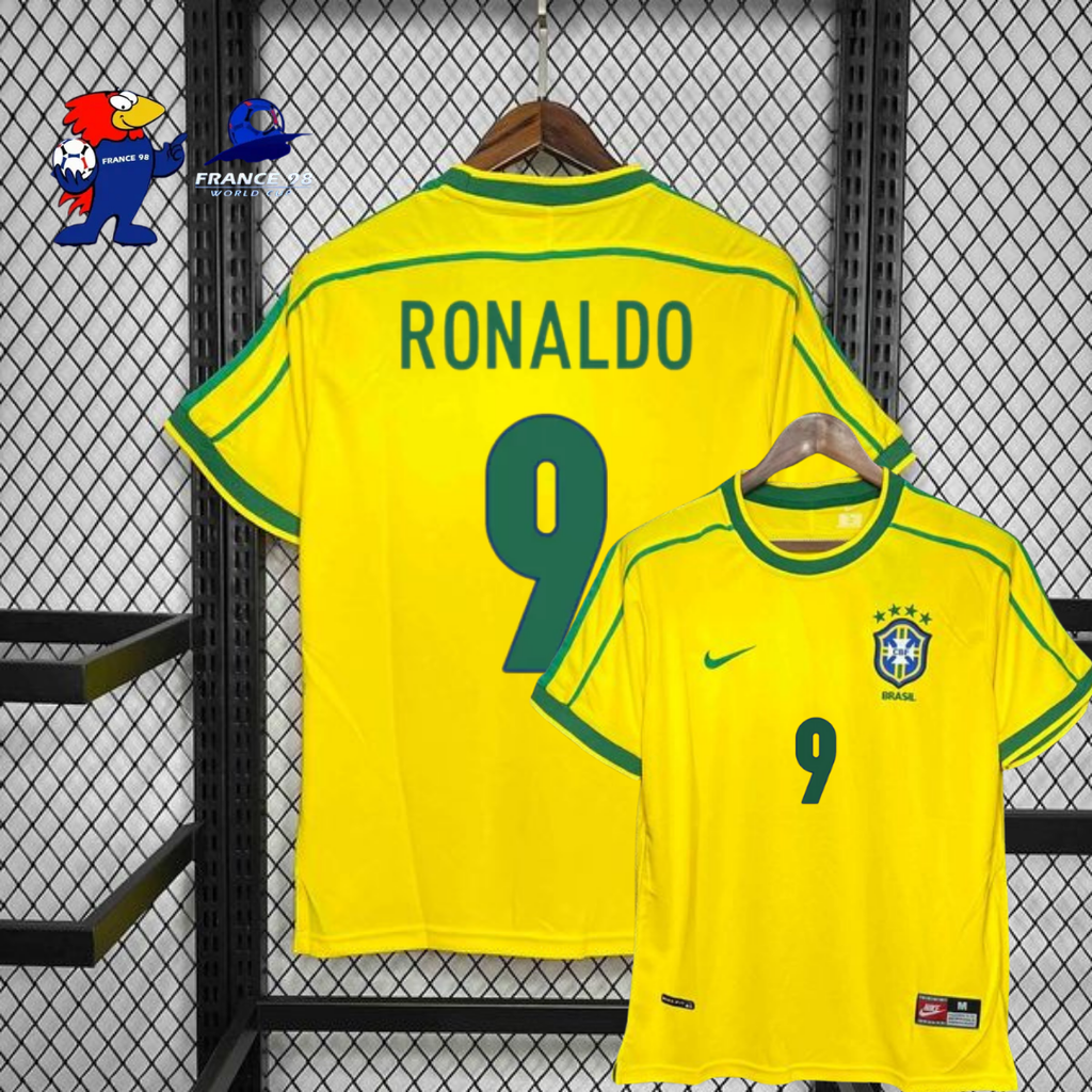 Brazil 1998 Retro Home Short Sleeve Jersey #9 Ronaldo R9 World Cup Patch Personalized Rare