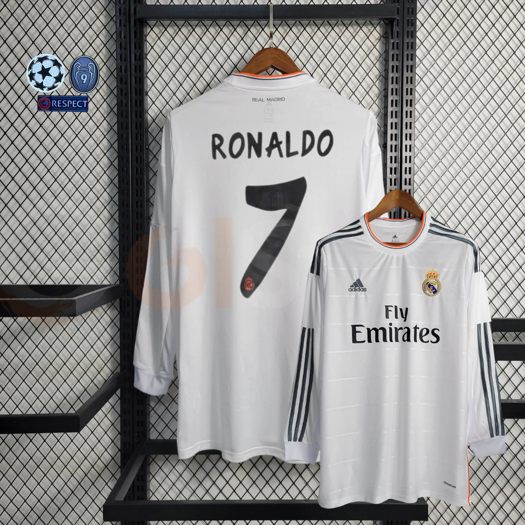 2013/14 Real Madrid Retro Home Jersey Long Sleeve #7 Ronaldo UCL Personalized
