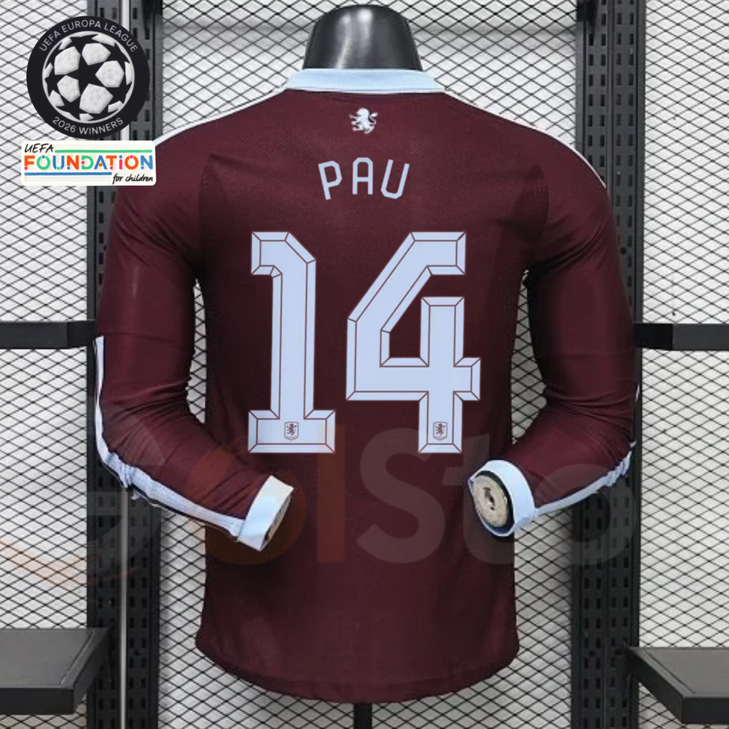 Aston Villa Home Long-Sleeve Player Jersey – Pau #14 UCL