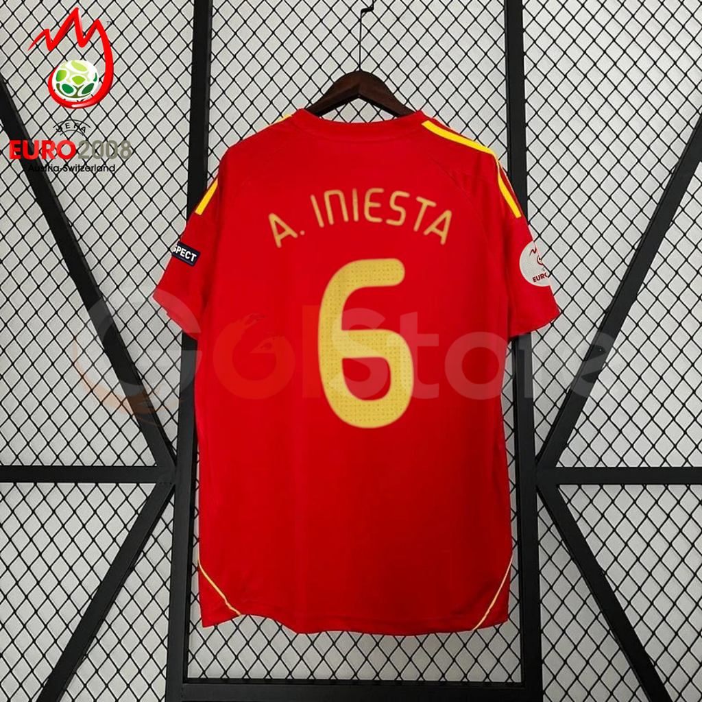 Spain 2008 Euro Championship Retro Home Short Sleeve Jersey #6 Iniesta Euro Patch Personalized Rare