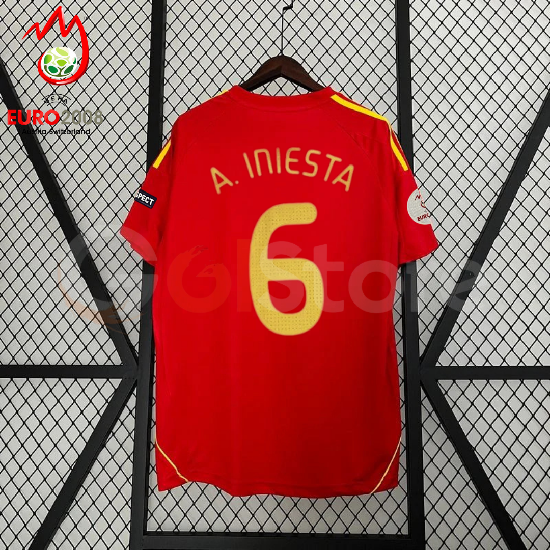 Spain 2008 Euro Championship Retro Home Short Sleeve Jersey #6 Iniesta Euro Patch Personalized Rare