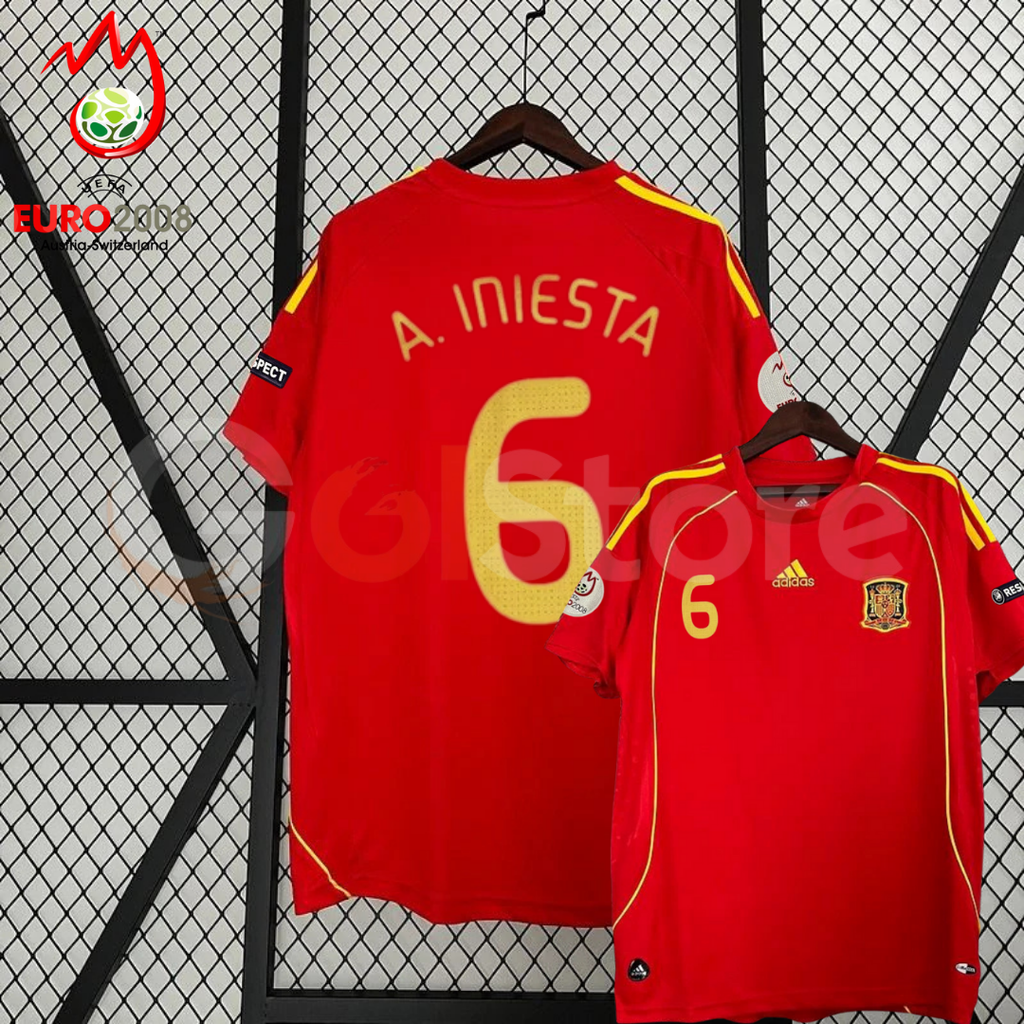 Spain 2008 Euro Championship Retro Home Short Sleeve Jersey #6 Iniesta Euro Patch Personalized Rare