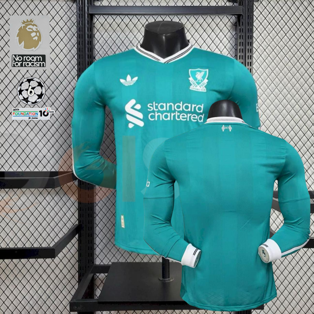 2025-2026 Liverpool Player Version Green Third Long Sleeve Jersey Personalized UCL Patch