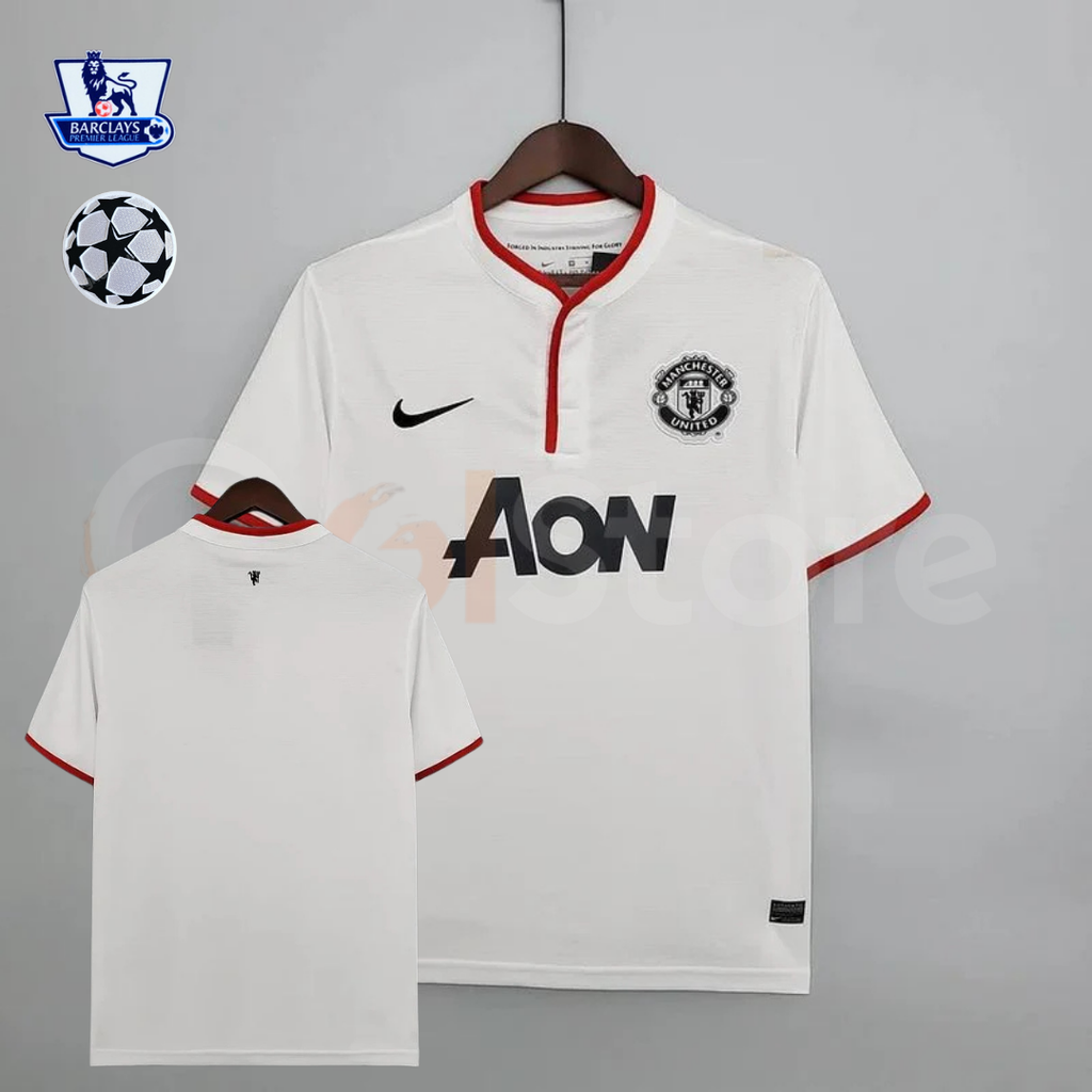 Manchester United 2013-2014 Retro White Away Short Sleeve Jersey Personalized PL UCL Patch Rare