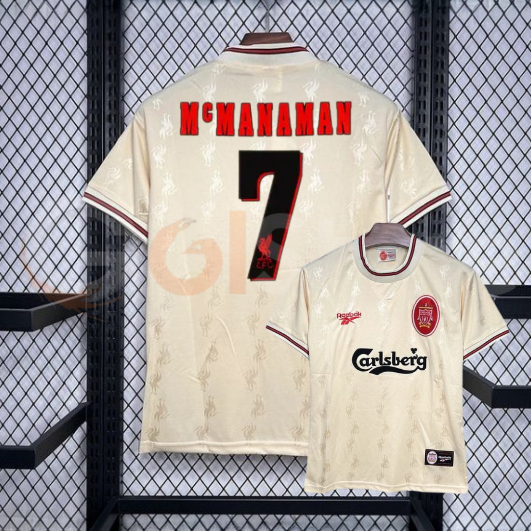 1996-1997 Liverpool Retro Yellow Away Short Sleeve Jersey #7 McManaman Personalized PL UCL Patch