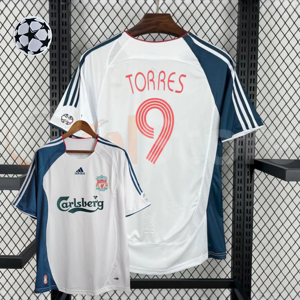 2006-2007 Liverpool Retro White Away Short Sleeve Jersey #9 Torres Personalized UCL Patch