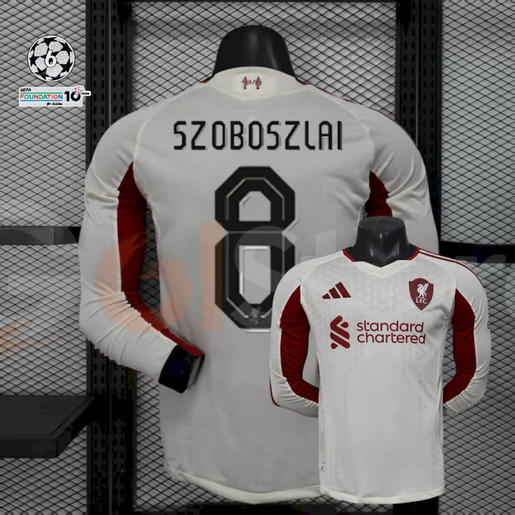 2025-2026 Liverpool Player Version White Long Sleeve Jersey #8 Szoboszlai Personalized UCL Patch