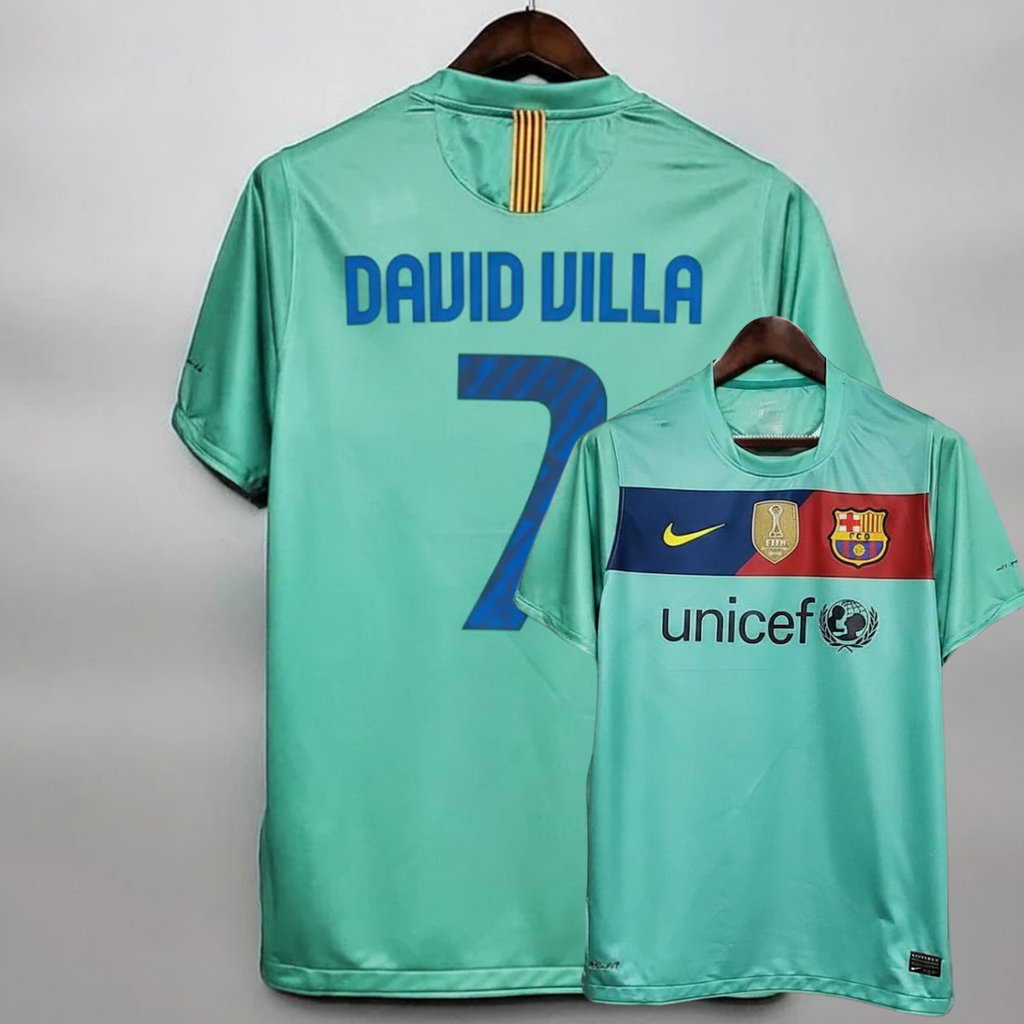 FC Barcelona 2009-10 Retro Green Away Jersey | #7 David Villa | La Liga & UCL