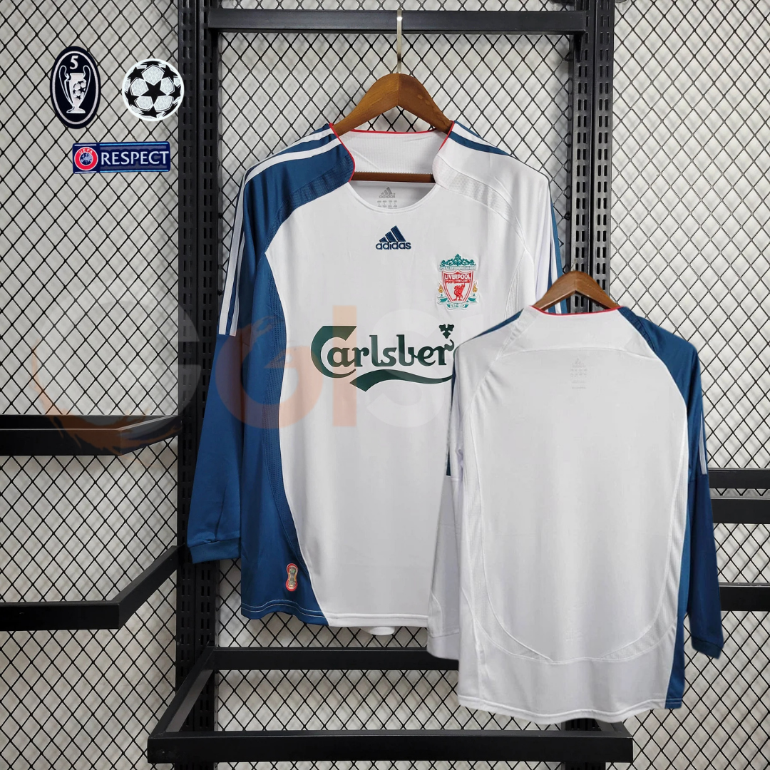 2006-2007 Liverpool Retro White Away Long Sleeve Jersey Personalized PL UCL Patch