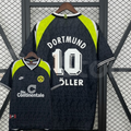 Borussia Dortmund black retro jersey with neon yellow shoulders, front and back views, white Dortmund lettering and number 10, with the Möller name partly obscured.
