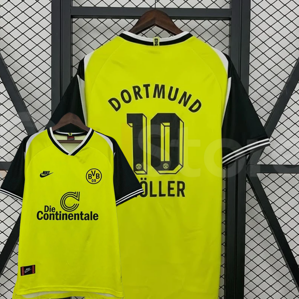 Borussia Dortmund retro home jersey in yellow and black, front and back views with Dortmund lettering, number 10 and partially obscured Möller name.
