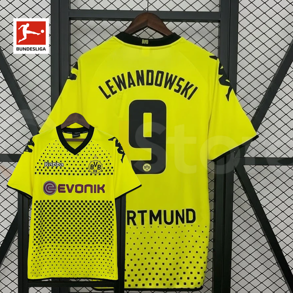 Borussia Dortmund yellow retro jersey, front and back views with Lewandowski 9 print, black square pattern and Evonik sponsor, alongside a Bundesliga logo graphic.
