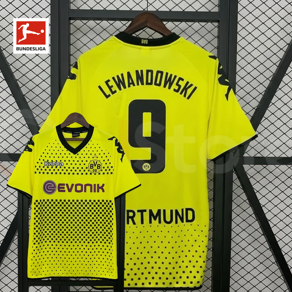 Borussia Dortmund yellow retro jersey, front and back views with Lewandowski 9 print, black square pattern and Evonik sponsor, alongside a Bundesliga logo graphic.
