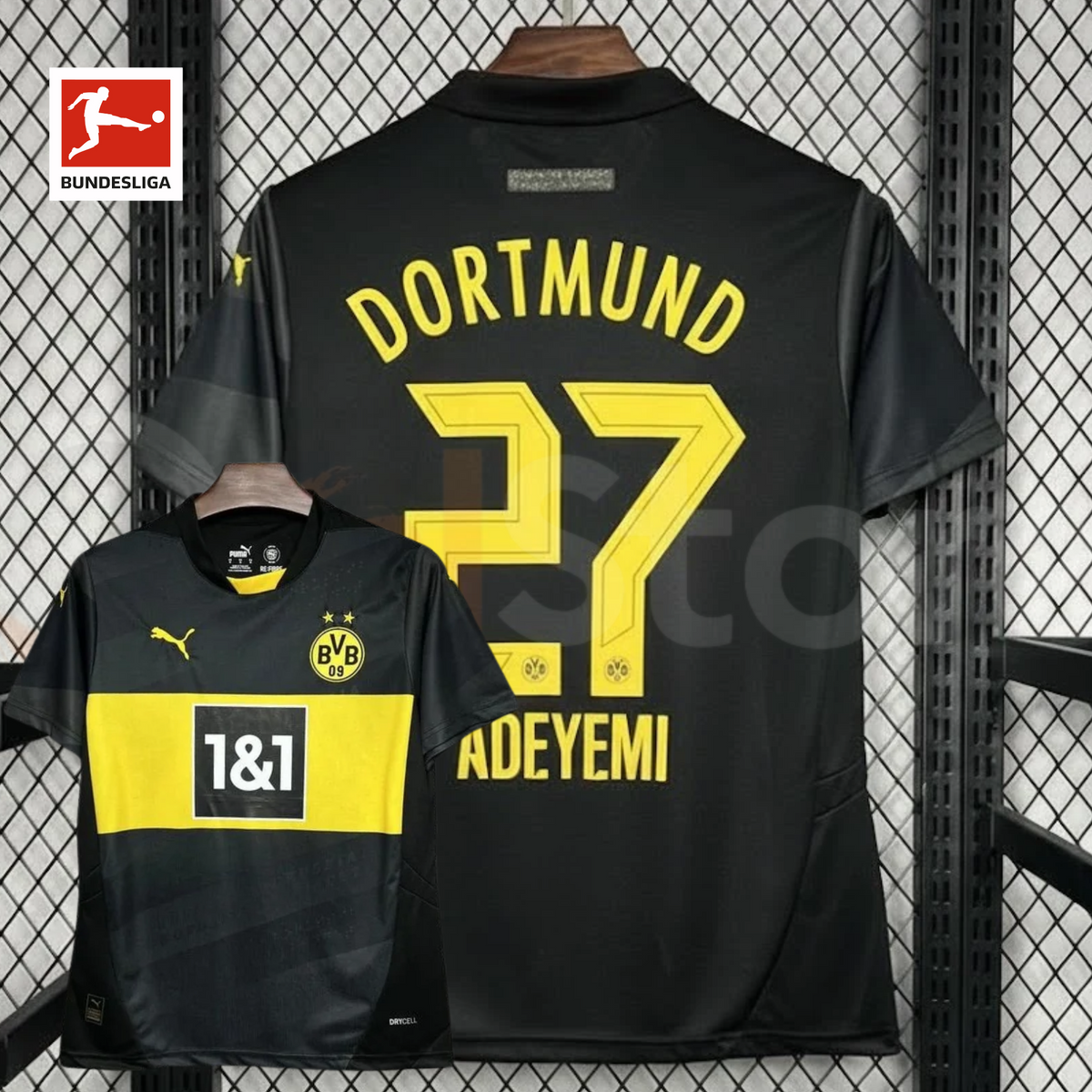 Borussia Dortmund black short-sleeve jersey, front and back views with yellow Adeyemi 27 print, yellow chest band and 1&1 sponsor, alongside a Bundesliga logo graphic.
