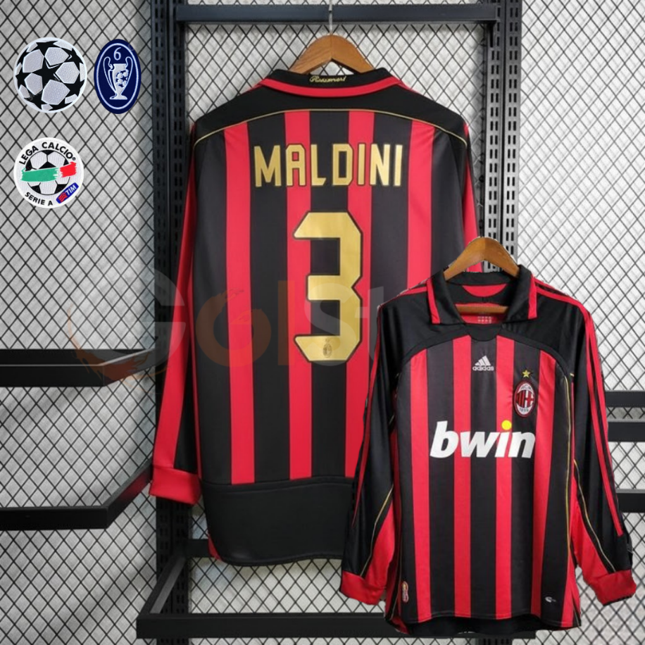 AC Milan 2006-07 Retro Home Jersey Maldini #3 Long Sleeve – Red Black Stripes