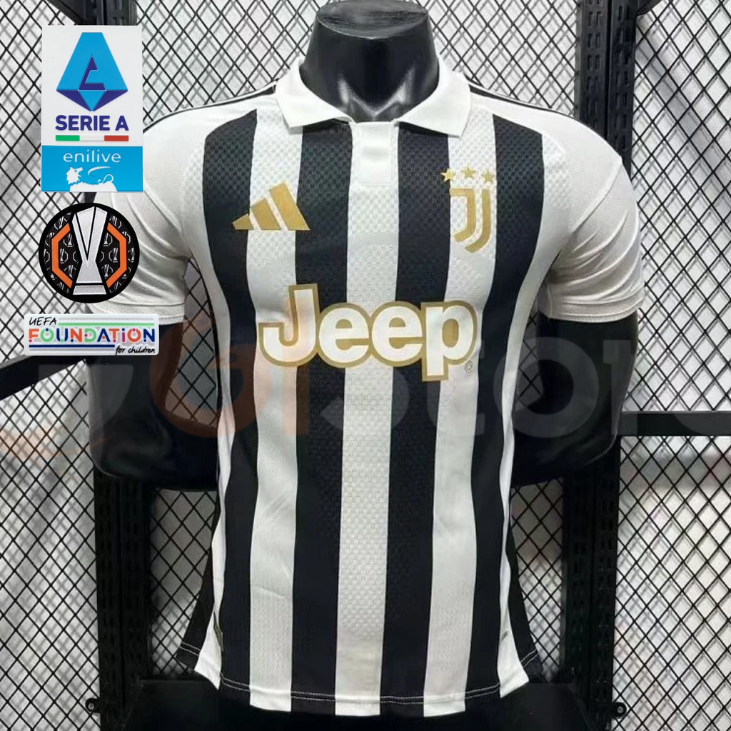 Juventus black and white striped short-sleeve jersey with a white polo collar, gold logo details and Jeep sponsor, alongside Serie A and Europa League graphics.

