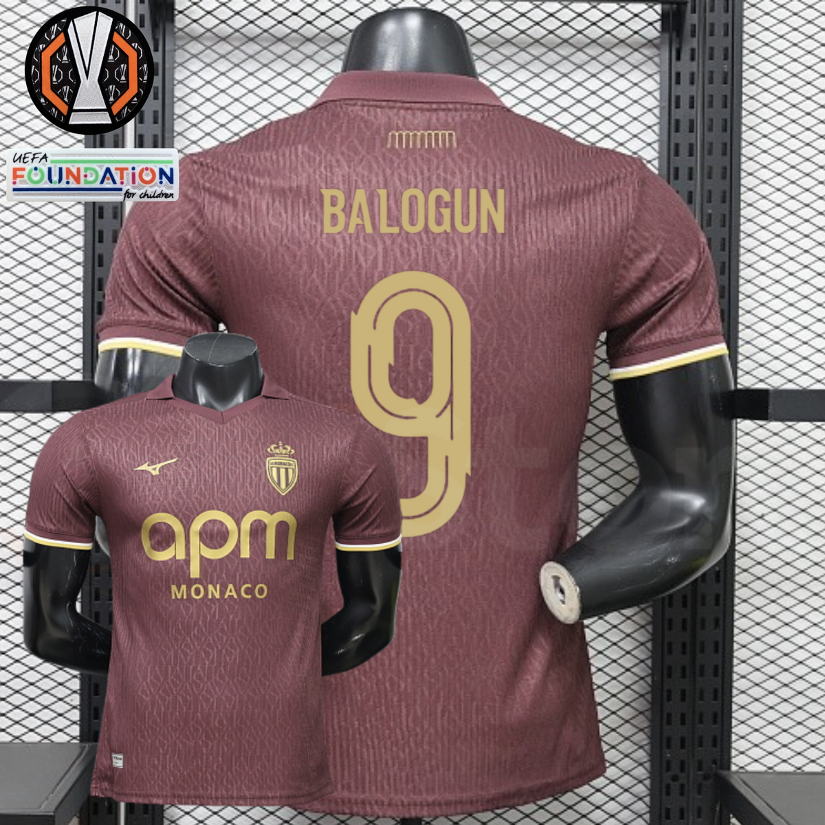 AS Monaco burgundy short-sleeve jersey, front and back views with gold BALOGUN 9 print, tonal pattern and APM Monaco sponsor, alongside Europa League graphics.
