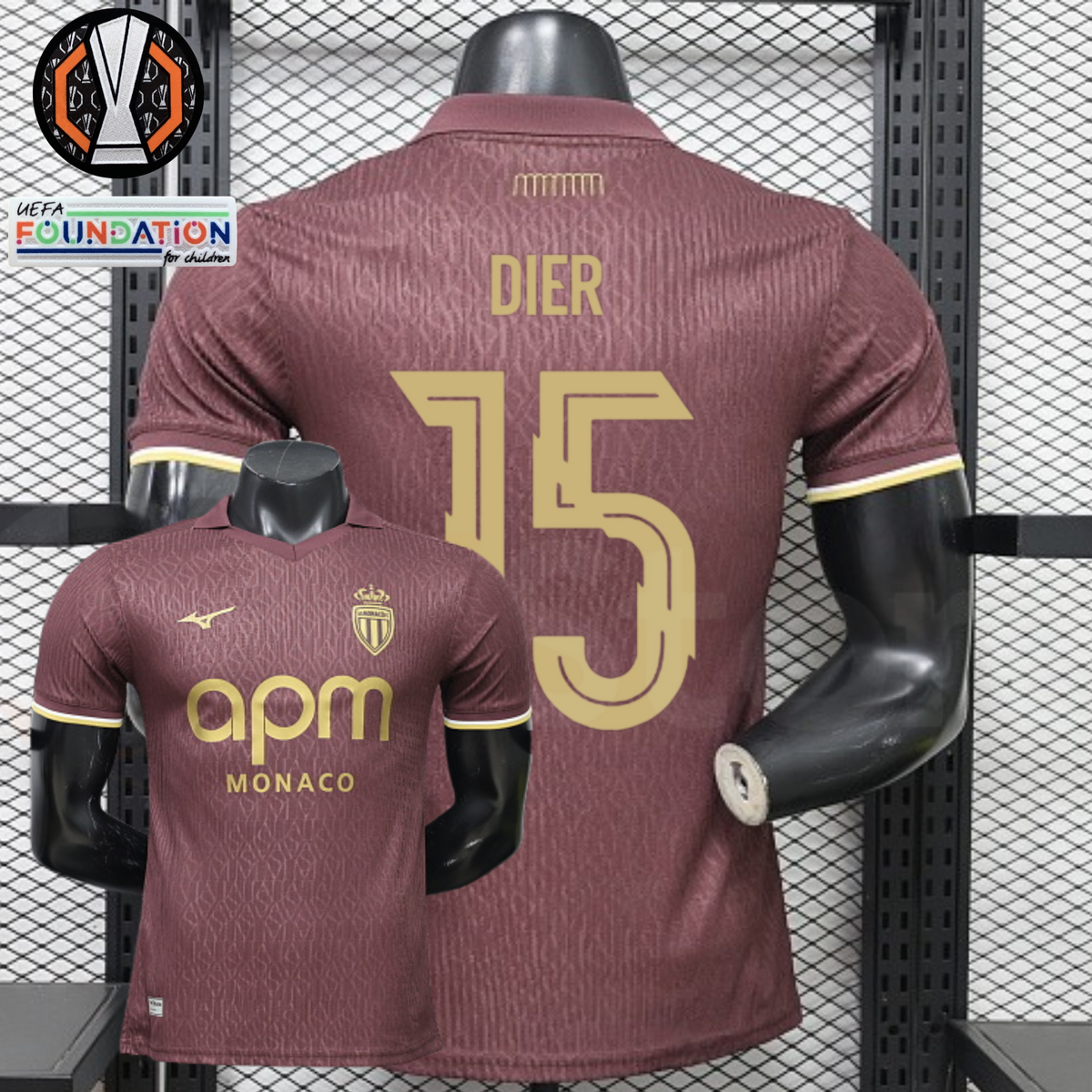 AS Monaco burgundy short-sleeve jersey, front and back views with gold DIER 15 print, tonal pattern and APM Monaco sponsor, alongside Europa League graphics.
