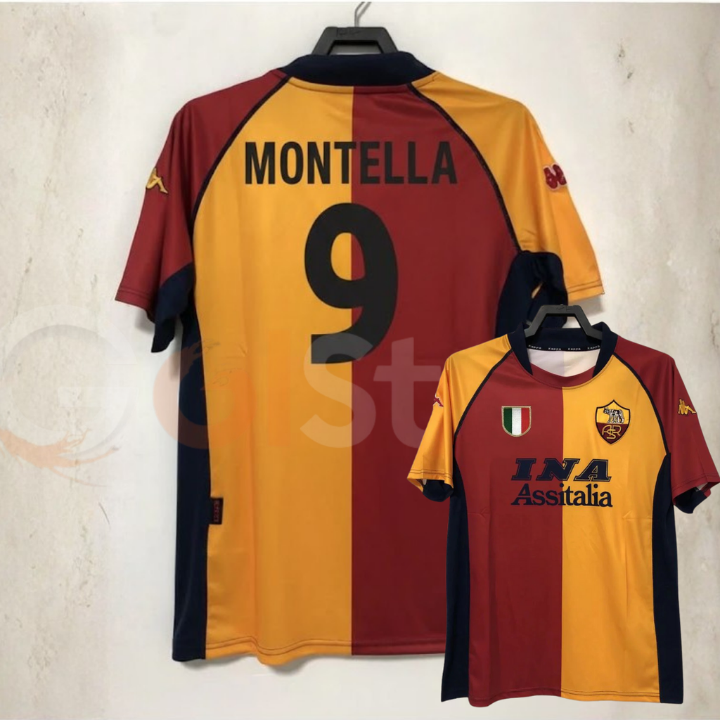 ront and back views of a burgundy and gold AS Roma short-sleeve retro jersey with black Montella number 9 print, dark collar and INA Assitalia sponsor.