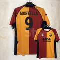 ront and back views of a burgundy and gold AS Roma short-sleeve retro jersey with black Montella number 9 print, dark collar and INA Assitalia sponsor.