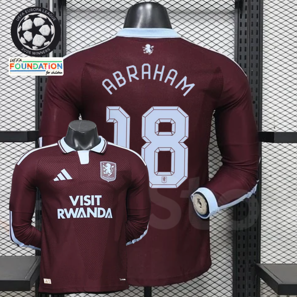 Front and back views of a claret Aston Villa long-sleeve jersey with a light blue collar, light blue Abraham number 18 print and Visit Rwanda sponsor.