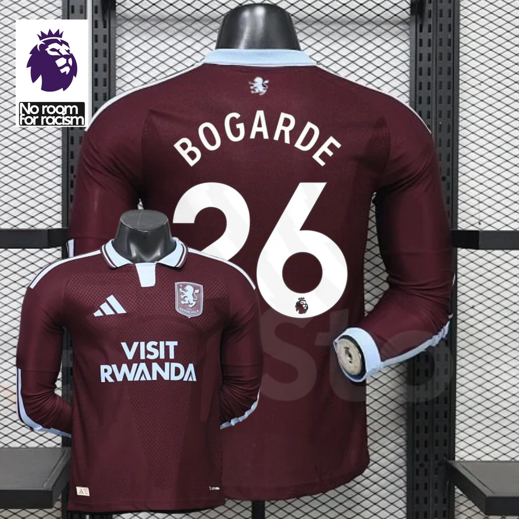 Front and back views of a claret Aston Villa long-sleeve jersey with a light blue collar, white Bogarde number 26 print and Visit Rwanda sponsor, alongside Premier League graphics.