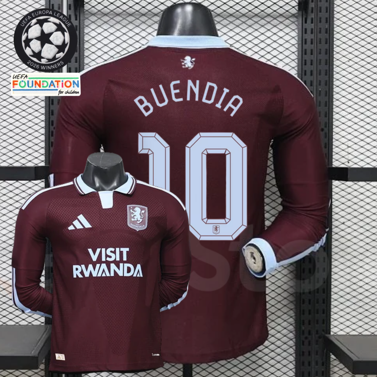Front and back views of a claret Aston Villa long-sleeve jersey with a light blue collar, light blue Buendia number 10 print and Visit Rwanda sponsor.