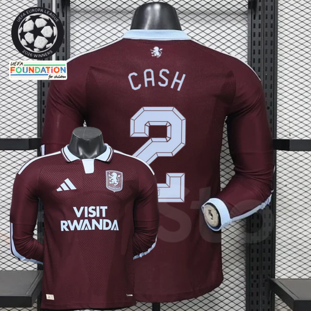 Front and back views of a claret Aston Villa long-sleeve jersey with a light blue collar, light blue Cash number 2 print and Visit Rwanda sponsor.