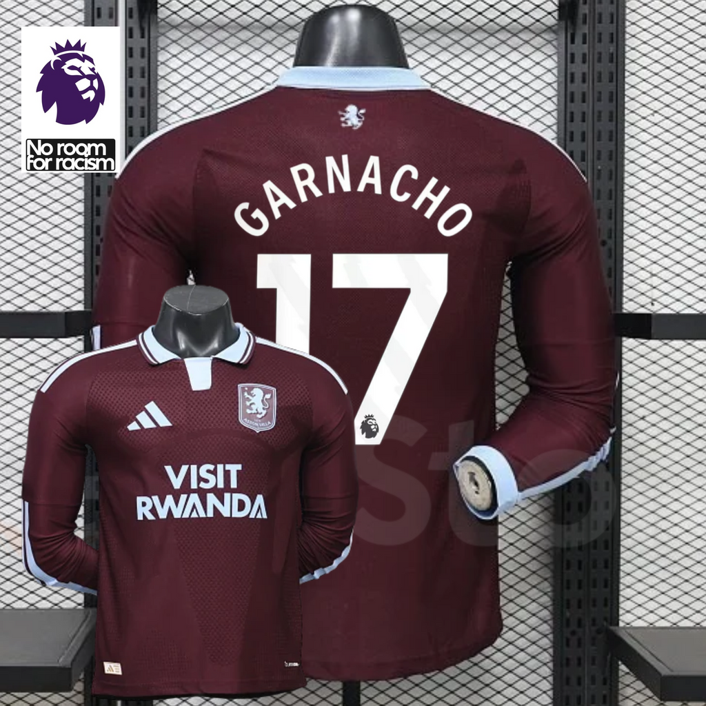 Front and back views of a claret Aston Villa long-sleeve jersey with a light blue collar, white Garnacho number 17 print and Visit Rwanda sponsor, alongside Premier League graphics.