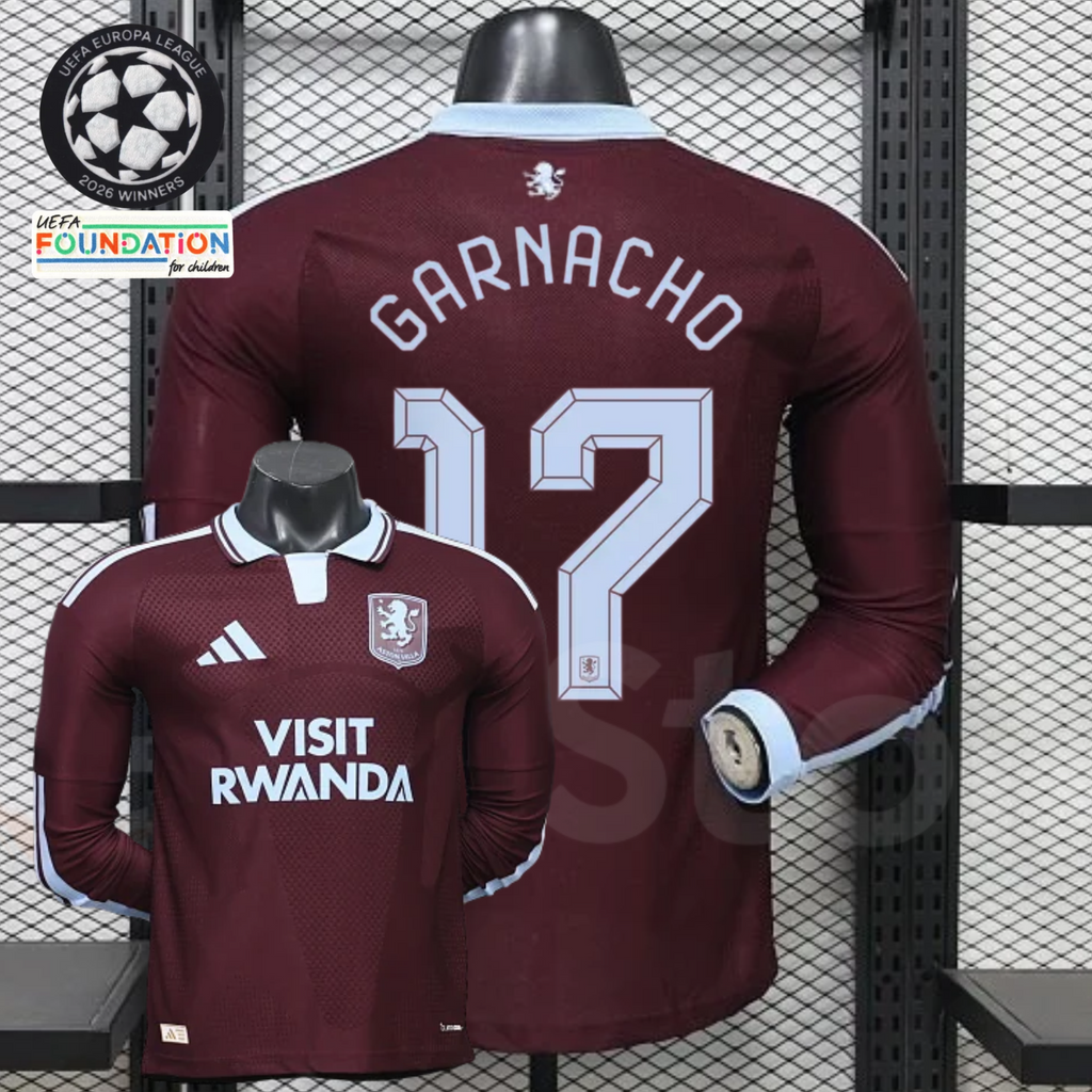 Front and back views of a claret Aston Villa long-sleeve jersey with a light blue collar, light blue Garnacho number 17 print and Visit Rwanda sponsor.