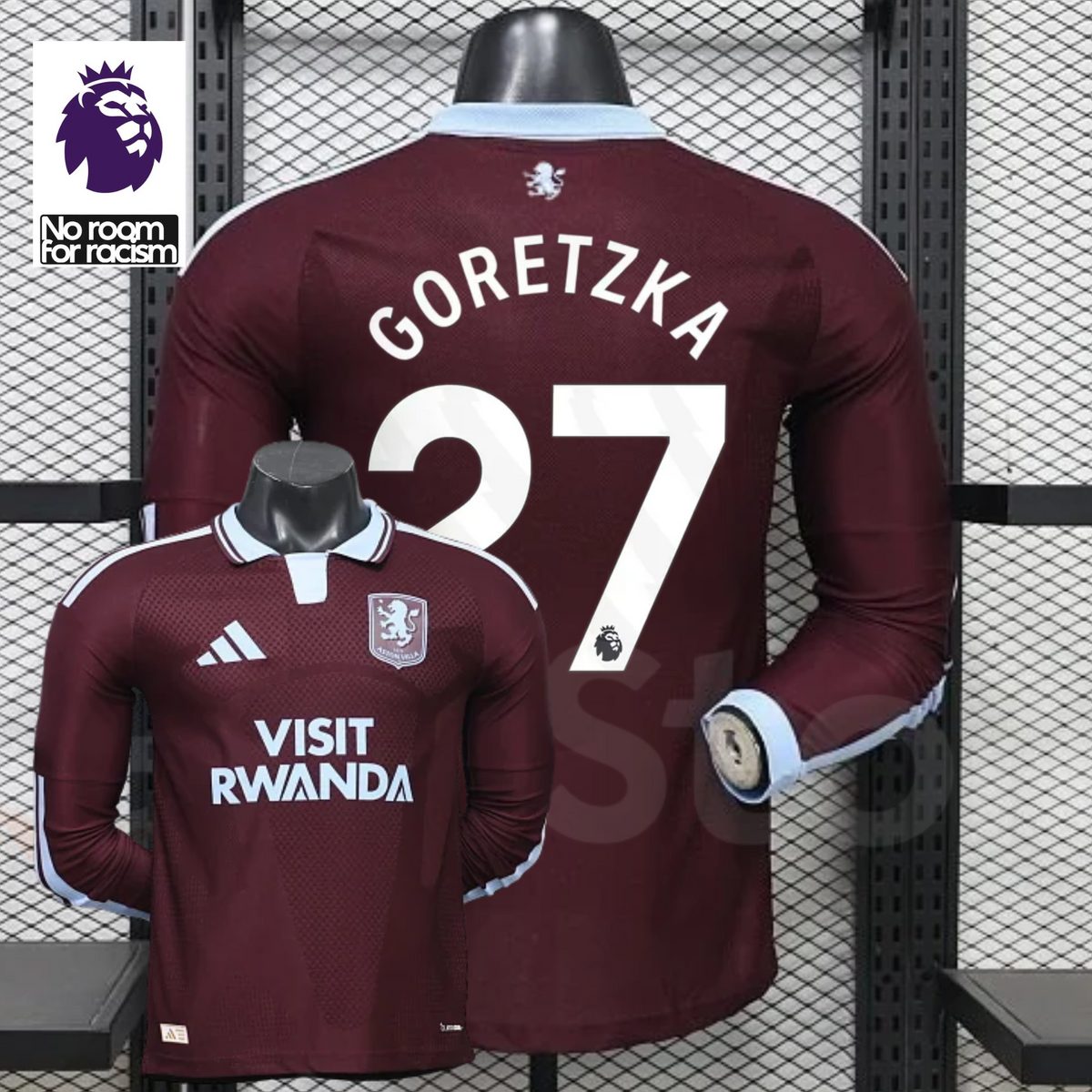 Front and back views of a claret Aston Villa long-sleeve jersey with a light blue collar, white Goretzka number 27 print and Visit Rwanda sponsor, alongside Premier League graphics.