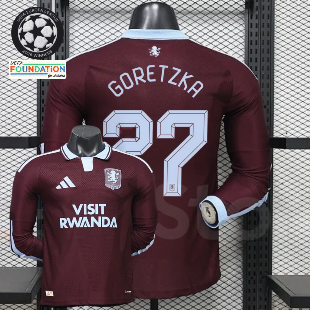 Front and back views of a claret Aston Villa long-sleeve jersey with a light blue collar, light blue Goretzka number 27 print and Visit Rwanda sponsor.