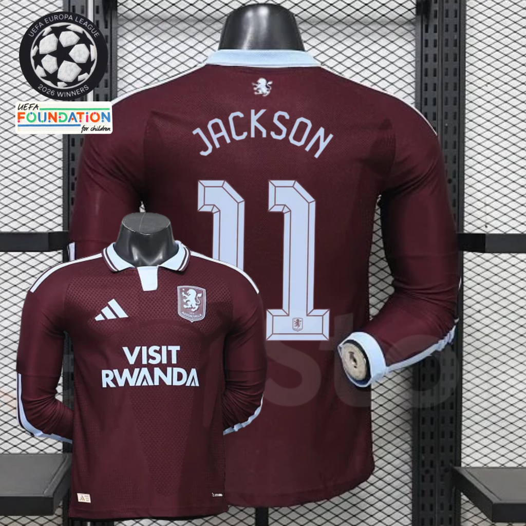 Front and back views of a claret Aston Villa long-sleeve jersey with a light blue collar, light blue Jackson number 11 print and Visit Rwanda sponsor.
