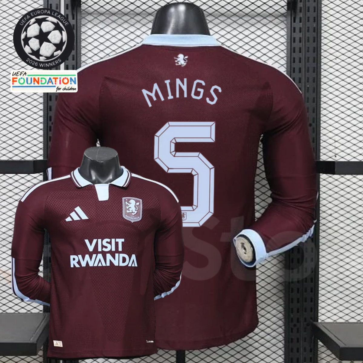 Front and back views of a claret Aston Villa long-sleeve jersey with a light blue collar, light blue Mings number 5 print and Visit Rwanda sponsor.