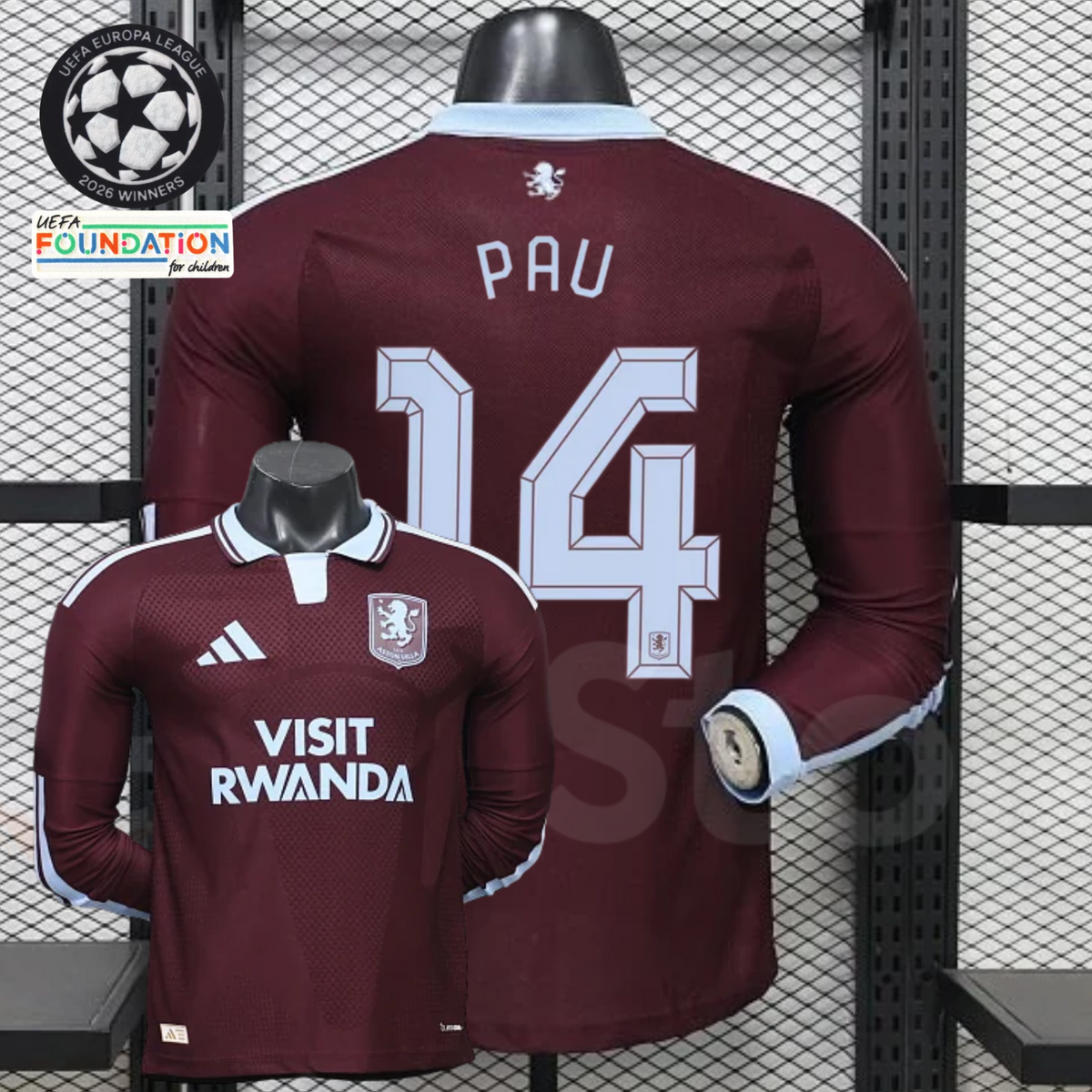 Front and back views of a claret Aston Villa long-sleeve jersey with a light blue collar, light blue Pau number 14 print and Visit Rwanda sponsor.