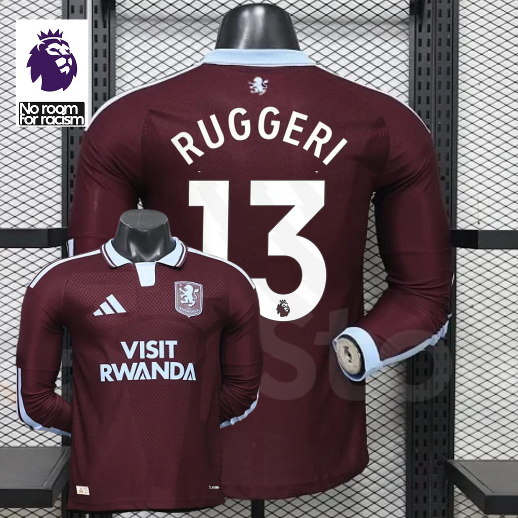 Front and back views of a claret Aston Villa long-sleeve jersey with a light blue collar, white Ruggeri number 13 print and Visit Rwanda sponsor, alongside Premier League graphics.