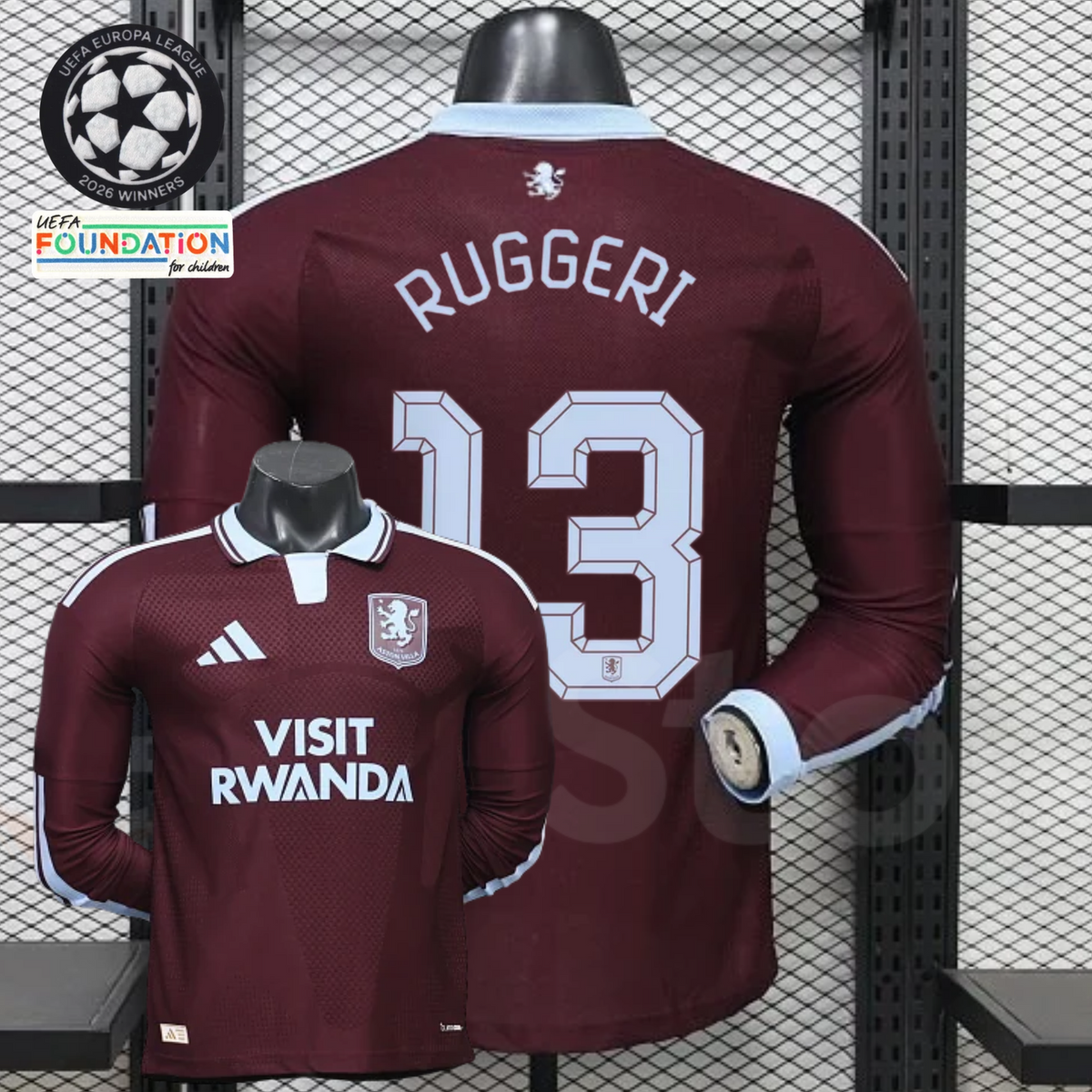 Front and back views of a claret Aston Villa long-sleeve jersey with a light blue collar, light blue Ruggeri number 13 print and Visit Rwanda sponsor.