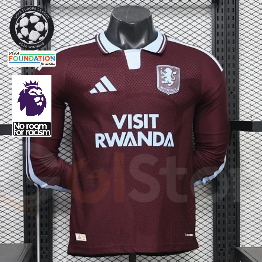 Front view of a claret Aston Villa long-sleeve jersey with a light blue collar, white shoulder stripes, club crest and Visit Rwanda sponsor.