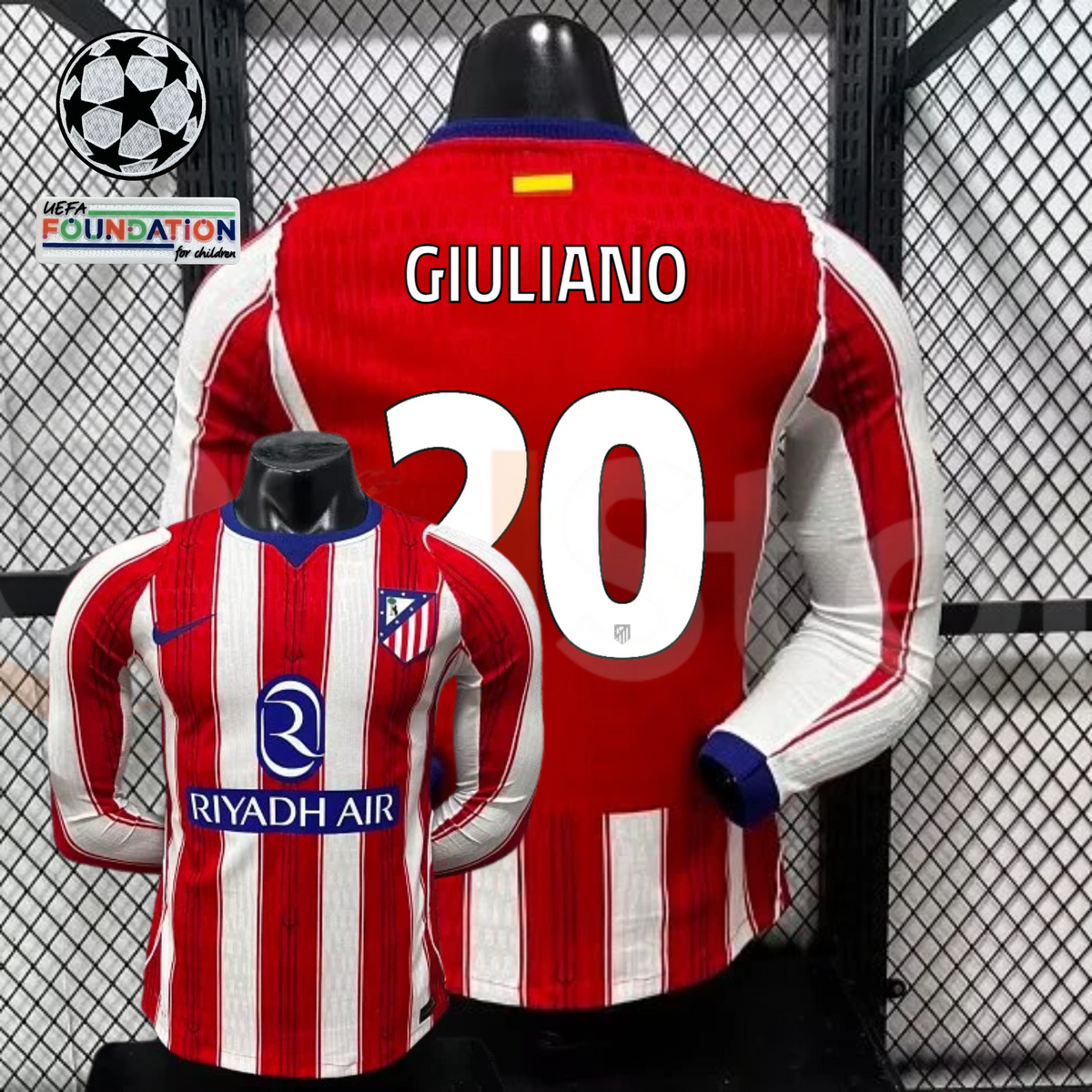 Front and back views of a red and white Atlético Madrid long-sleeve jersey with blue trim, white Giuliano number 20 print and Riyadh Air sponsor, alongside UCL graphics.