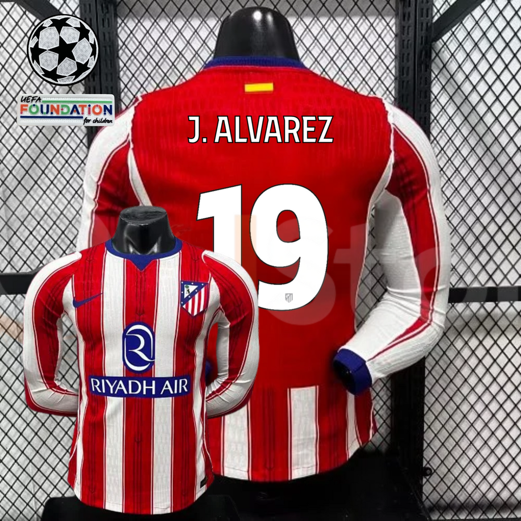 Front and back views of a red and white Atlético Madrid long-sleeve jersey with blue trim, white J. Alvarez number 19 print and Riyadh Air sponsor, alongside UCL graphics.