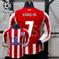 Front and back views of a red and white Atlético Madrid long-sleeve jersey with blue trim, white Kang In number 7 print and Riyadh Air sponsor, alongside UCL graphics.