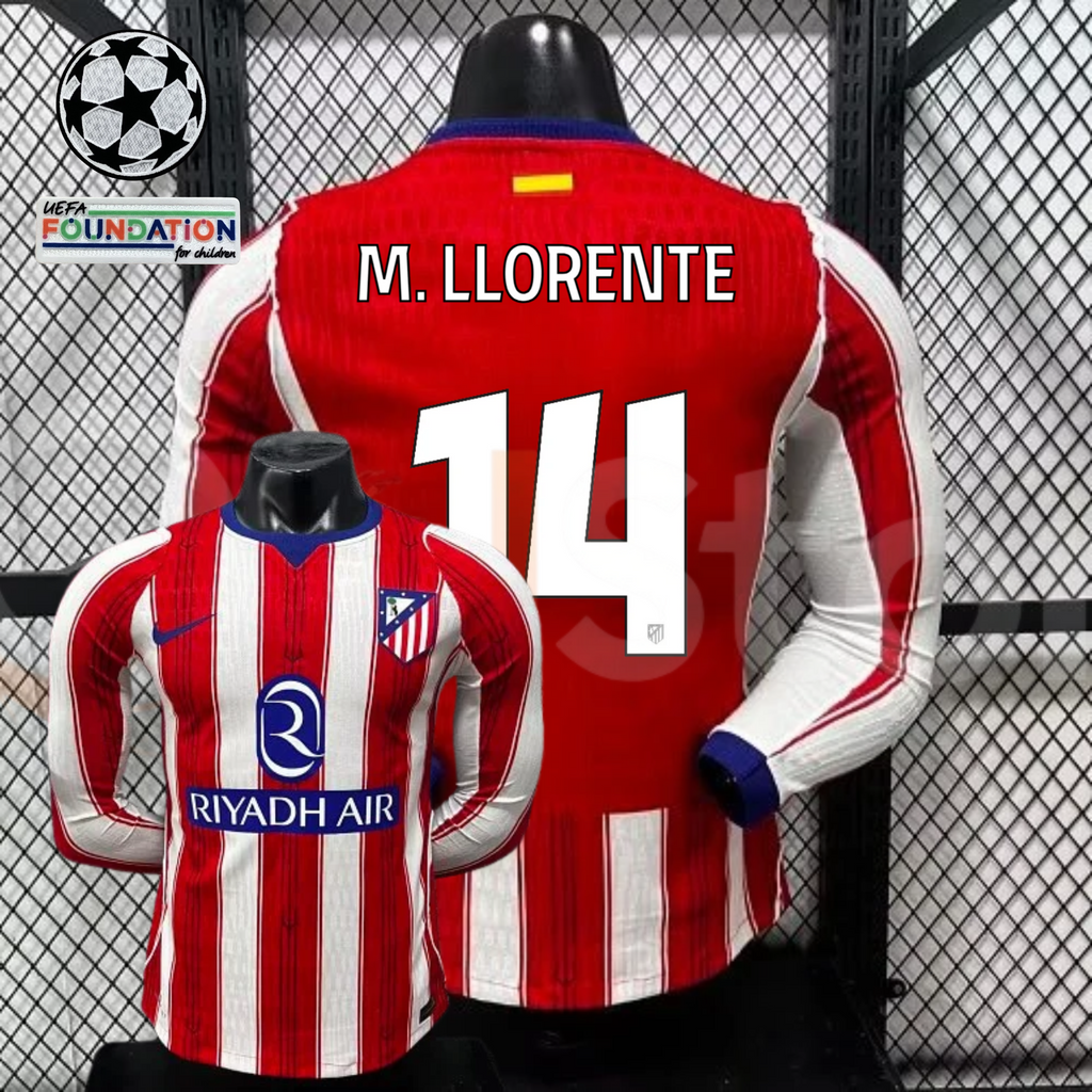 Front and back views of a red and white Atlético Madrid long-sleeve jersey with blue trim, white M. Llorente number 14 print and Riyadh Air sponsor, alongside UCL graphics.