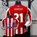 Front and back views of a red and white Atlético Madrid long-sleeve jersey with blue trim, white Romero number 21 print and Riyadh Air sponsor, alongside UCL graphics.