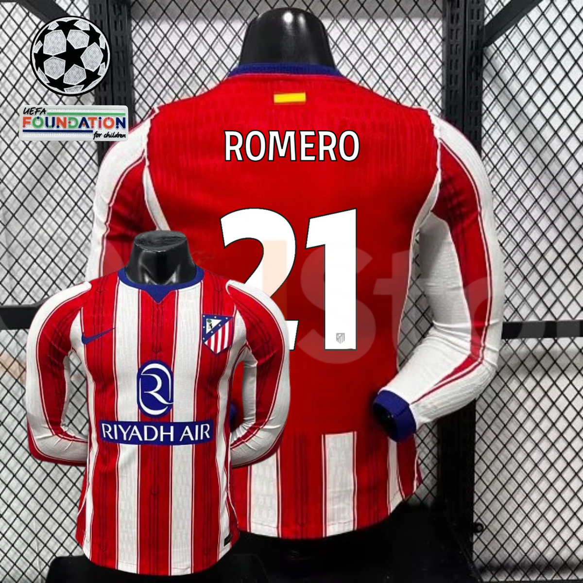 Front and back views of a red and white Atlético Madrid long-sleeve jersey with blue trim, white Romero number 21 print and Riyadh Air sponsor, alongside UCL graphics.