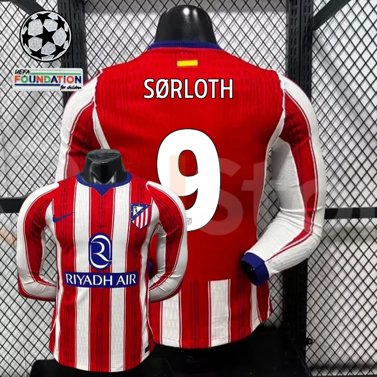Front and back views of a red and white Atlético Madrid long-sleeve jersey with blue trim, white Sørloth number 9 print and Riyadh Air sponsor, alongside UCL graphics.
