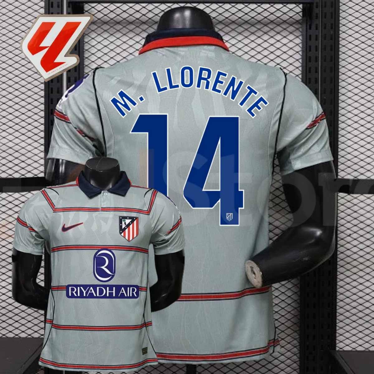 Front and back views of a light grey Atlético Madrid short-sleeve jersey with red horizontal stripes, blue M. Llorente number 14 print and Riyadh Air sponsor, alongside a LaLiga graphic.